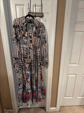 PMP Women’s Long Sleeve Patchwork Print Maxi Dress - Beige, Black & Red